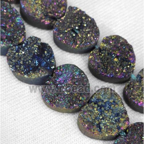 druzy quartz beads, heart, rainbow electroplated