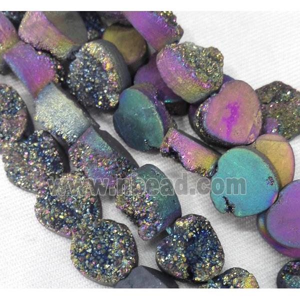 druzy quartz beads, heart, rainbow electroplated