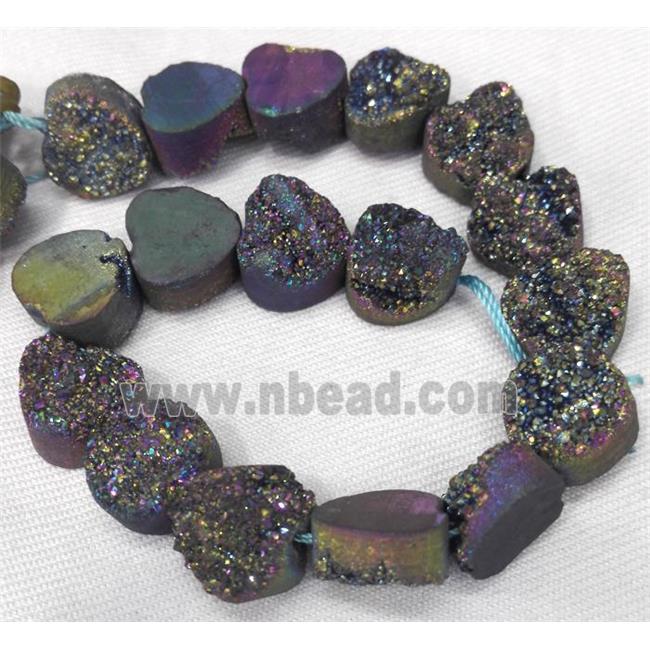 druzy quartz beads, heart, rainbow electroplated