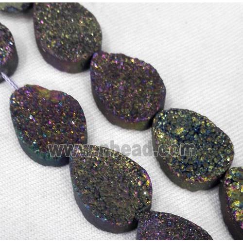 druzy quartz bead, teardrop, rainbow electroplated