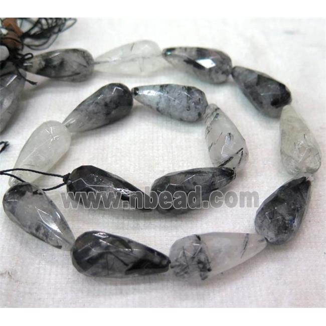 Black Rutilated Quartz Beads, faceted teardrop