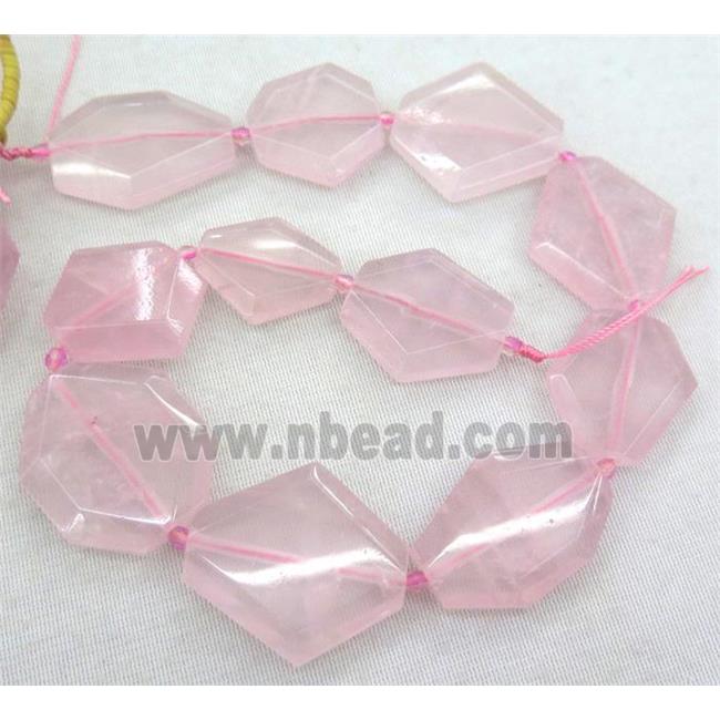 rose quartz slice bead, faceted freeform, pink