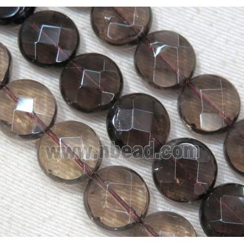 smoky quartz bead, faceted flat round