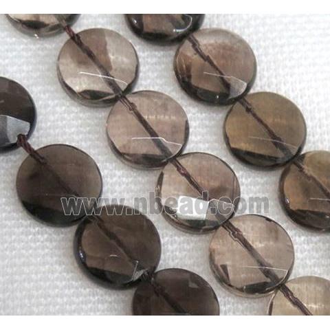 smoky quartz bead, faceted flat round