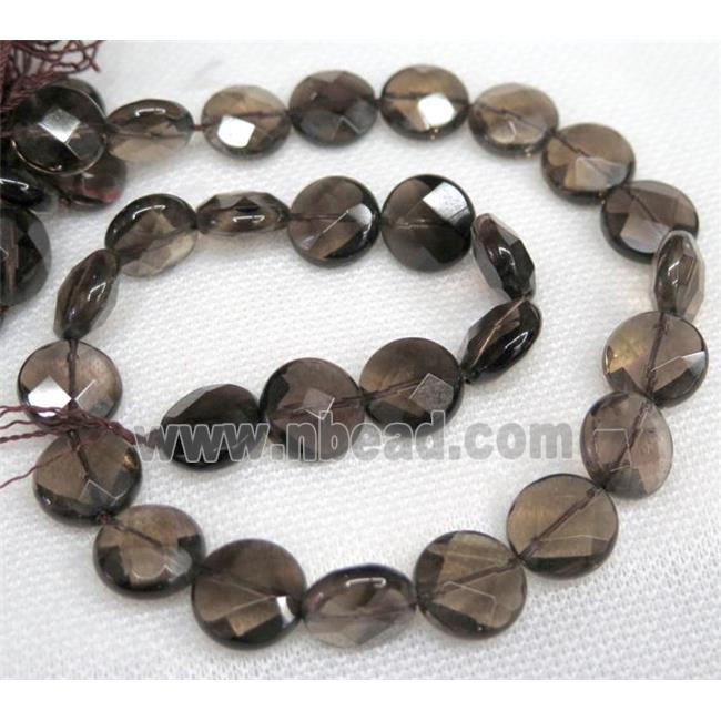 smoky quartz bead, faceted flat round