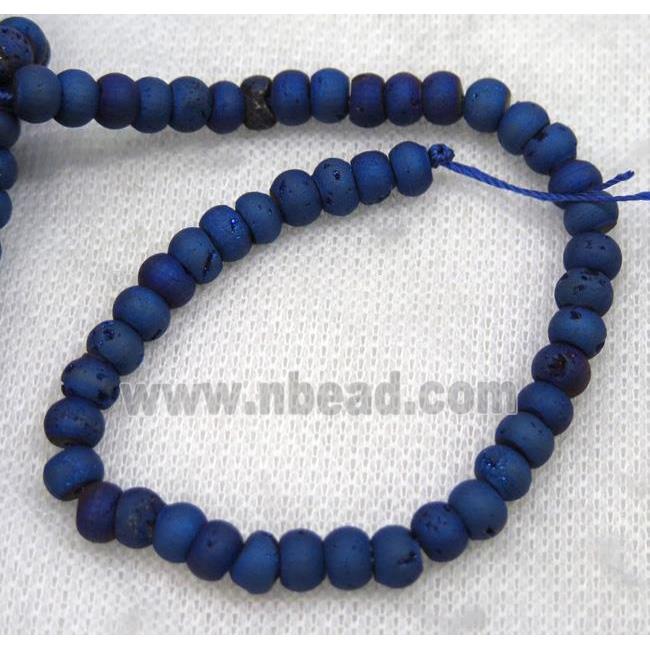 8" string of druzy agate rondelle beads, matte, blue electroplated