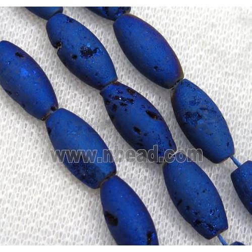 8" string of druzy agate rice beads, matte, blue electroplated