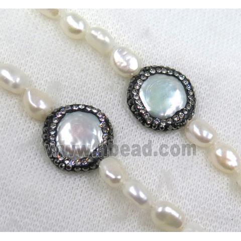 white freshwater pearl necklace pave rhinestone