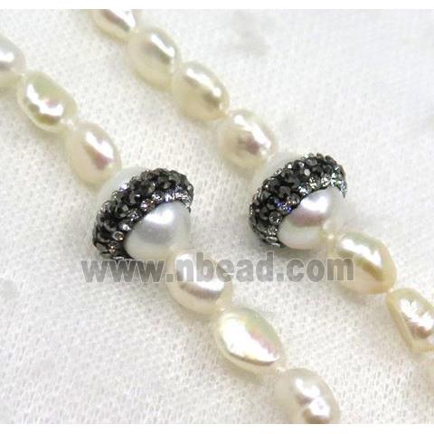 white freshwater pearl necklace pave rhinestone