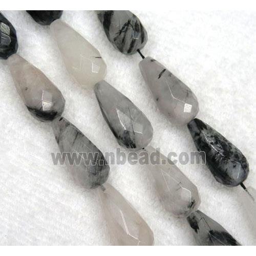 Black Rutilated Quartz bead, faceted teardrop