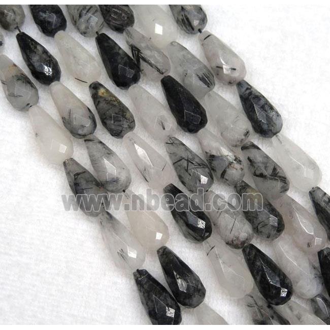 Black Rutilated Quartz bead, faceted teardrop