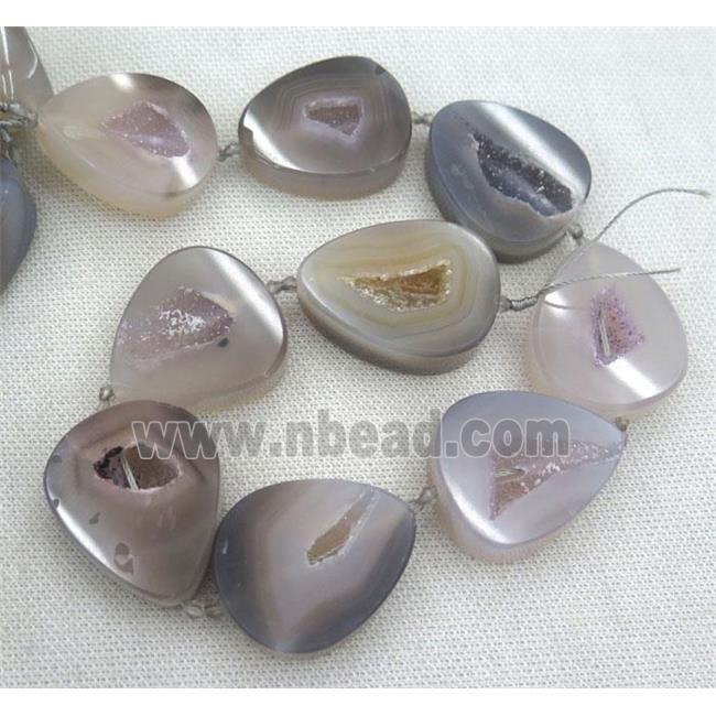 druzy agate geode beads, teardrop, gray