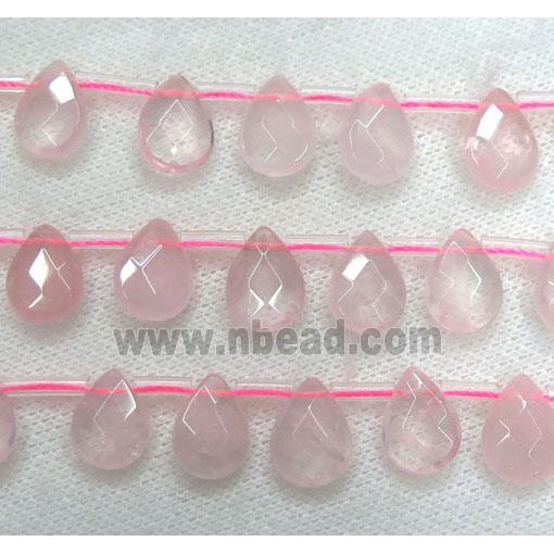 Rose Quartz beads, faceted teardrop, pink, top drilled