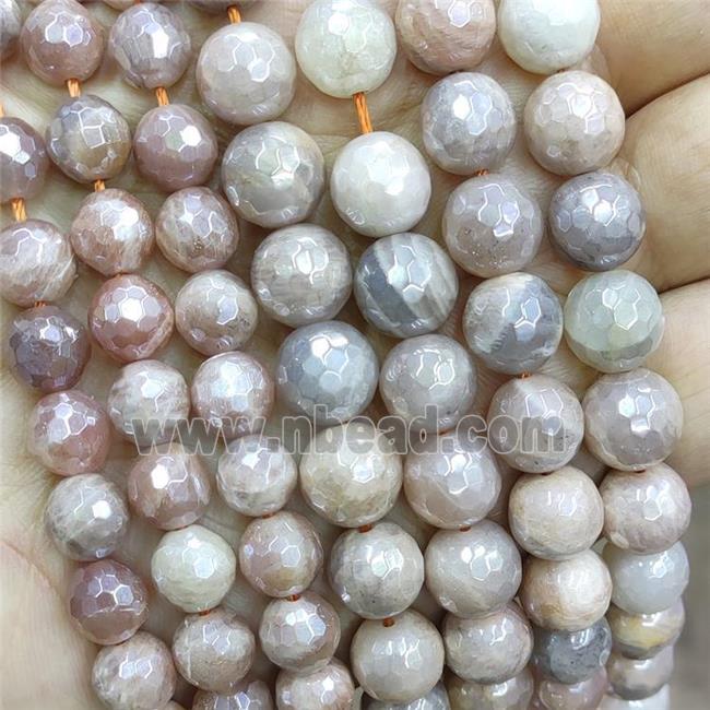 faceted round peach SunStone beads, electroplated