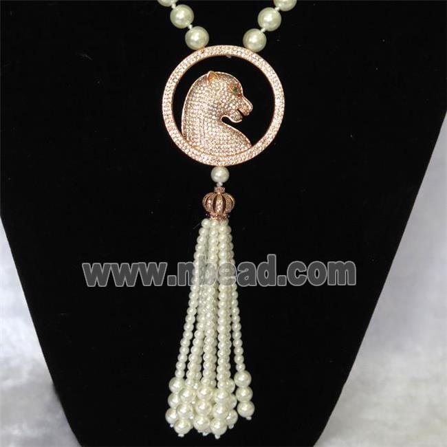 white Pearlized Glass Necklace with copper leopardhead pendant pave zircon, round