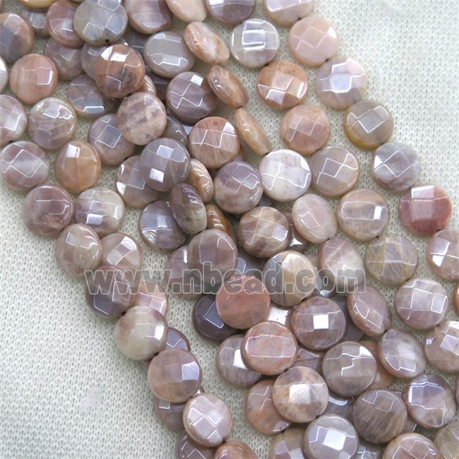 peach MoonStone beads, faceted flat-round, AB color plated