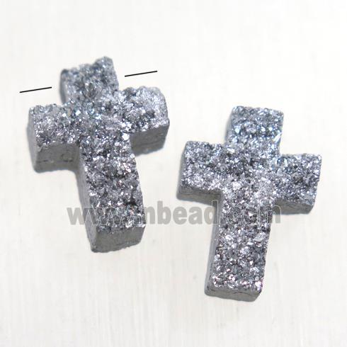 silver Druzy Quartz cross pendant