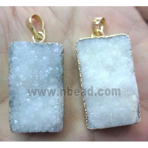 white quartz druzy pendant, rectangle, gold plated