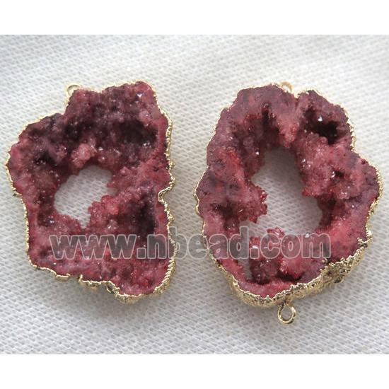 red druzy agate slice connector, freeform, gold plated