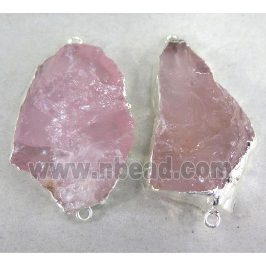 Rose Quartz Connector, freeform, silver plated