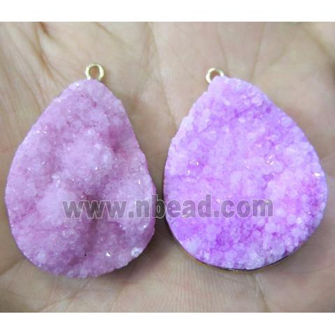 pink druzy quartz pendant, teardrop