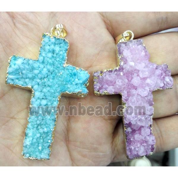 druzy quartz cross pendant, mixed color, gold plated