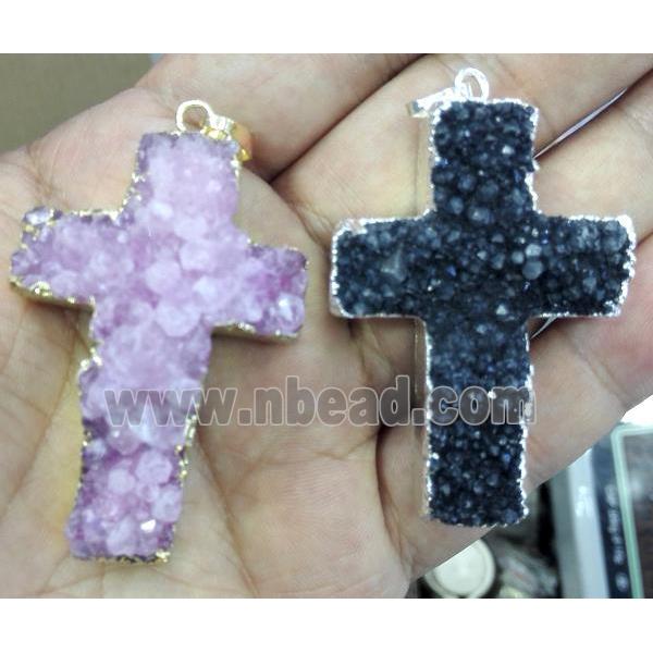 druzy quartz cross pendant, mixed color, gold plated