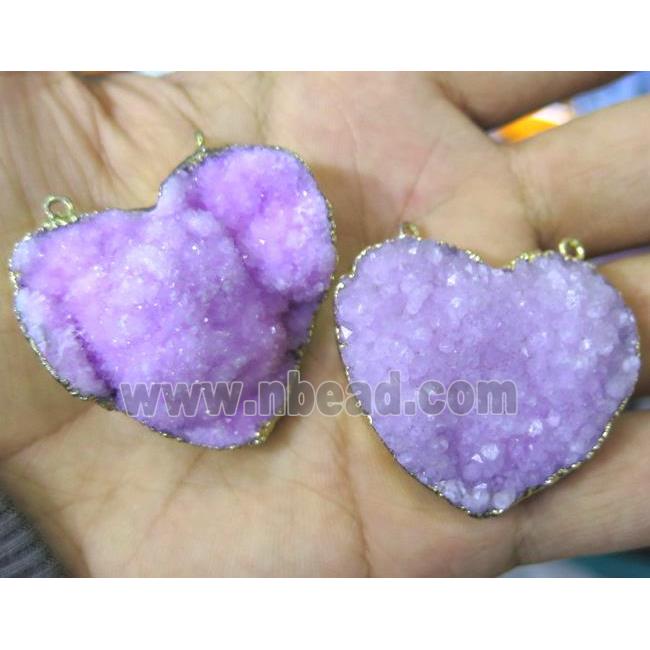 druzy quartz pendant with 2holes, heart, hotpink