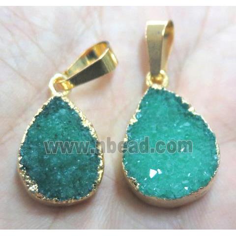 green druzy quartz pendant, teardrop