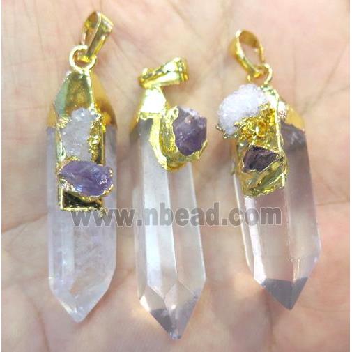 Clear Quartz bullet pendant paved gems, gold plated