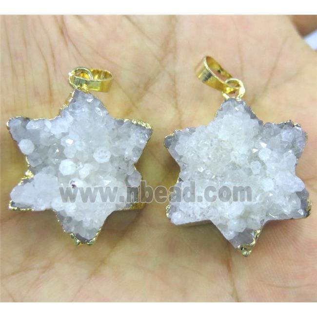 white druzy quartz pendant, star, gold plated