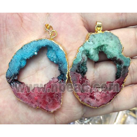 agate druzy slice pendant, freeform, mixed color