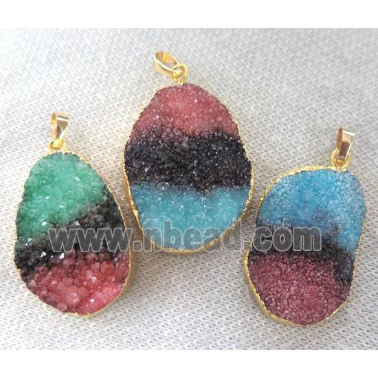 quartz druzy pendant, freeform, mixed color, gold plated