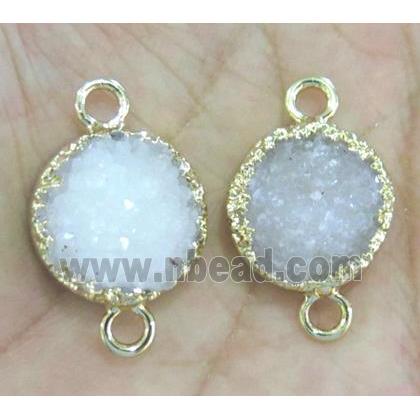 white druzy quartz connector, flat-round, gold plated