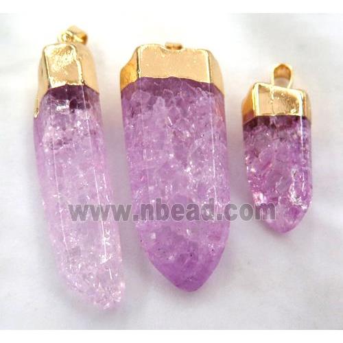 hotpink quartz druzy stick pendant, freeform, gold plated