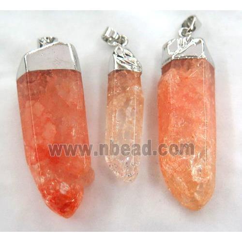 red quartz druzy stick pendant, freeform, platinum plated