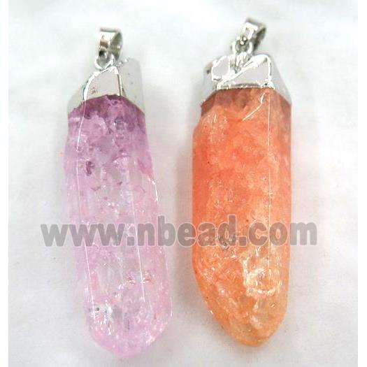 mix quartz druzy stick pendant, freeform, platinum plated