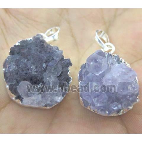 amethyst druzy pendant, flat-round, silver plated