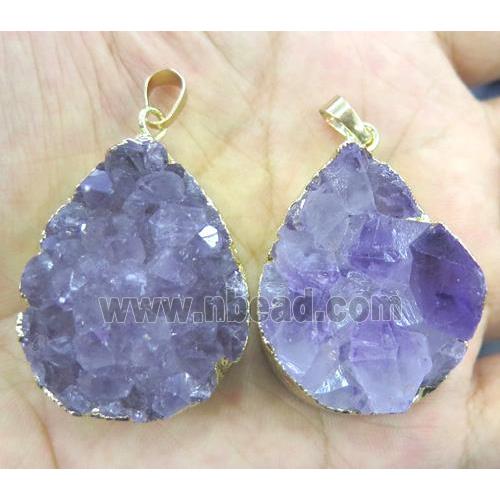 Amethyst druzy pendant, teardrop, gold plated