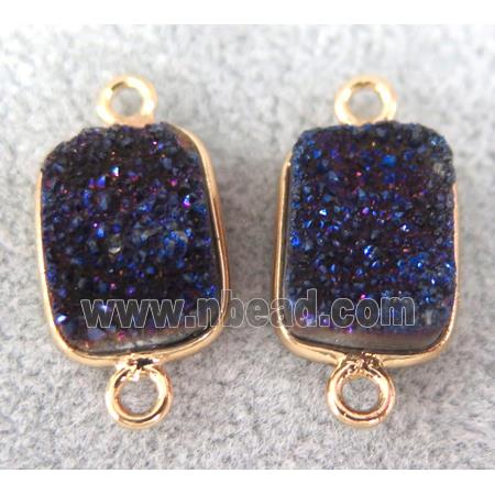 druzy quartz connector, rectangle, blue electroplated