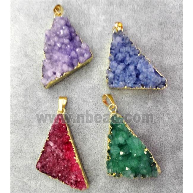 druzy quartz pendant, triangle, gold plated