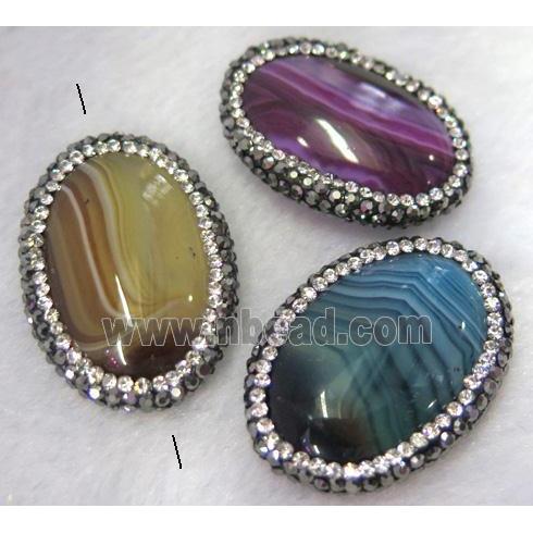 stripe agate bead paved rhinestone, oval, mix color