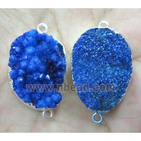 blue druzy quartz connector, freeform, silver plated