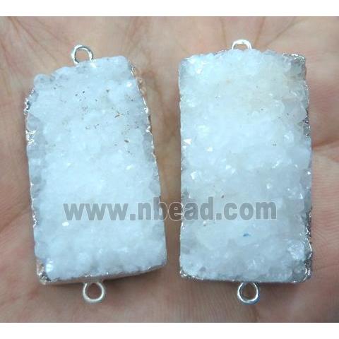 white druzy quartz connector, rectangle, silver plated