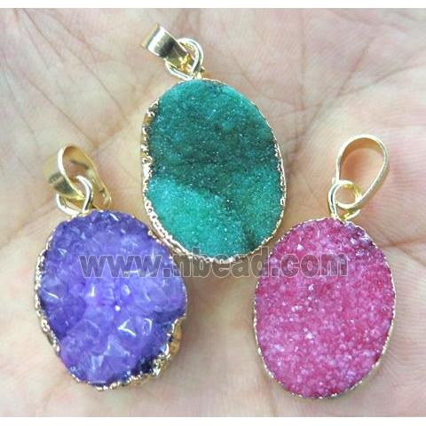 druzy quartz pendant, oval, mixed color, gold plated