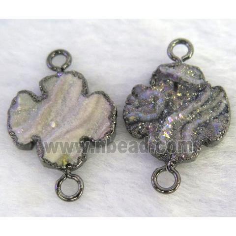 sun agate druzy connector, Four Leaf Clover, black plated, AB color