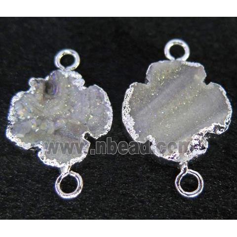 sun agate druzy connector, four-leaf clover, silver plated, AB color