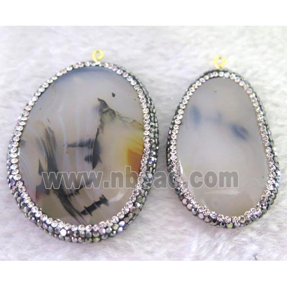 natural Heihua Agate slice pendant paved rhinestone, freeform