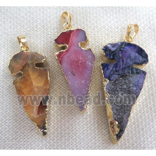 agate druzy arrowhead pendant, mix color, gold plated