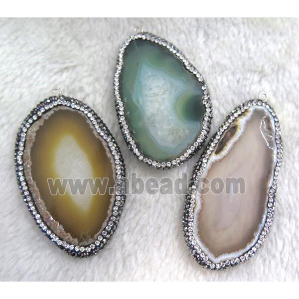 Agate slice pendant paved rhinestone, freeform, mix